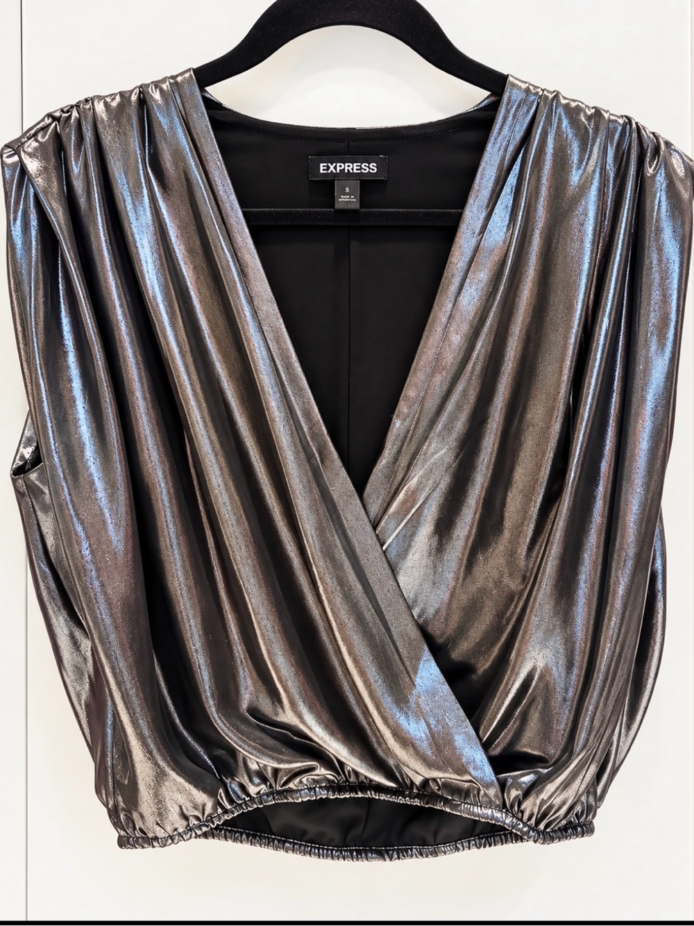Express Metallic Gunmetal Wrap Crop Top